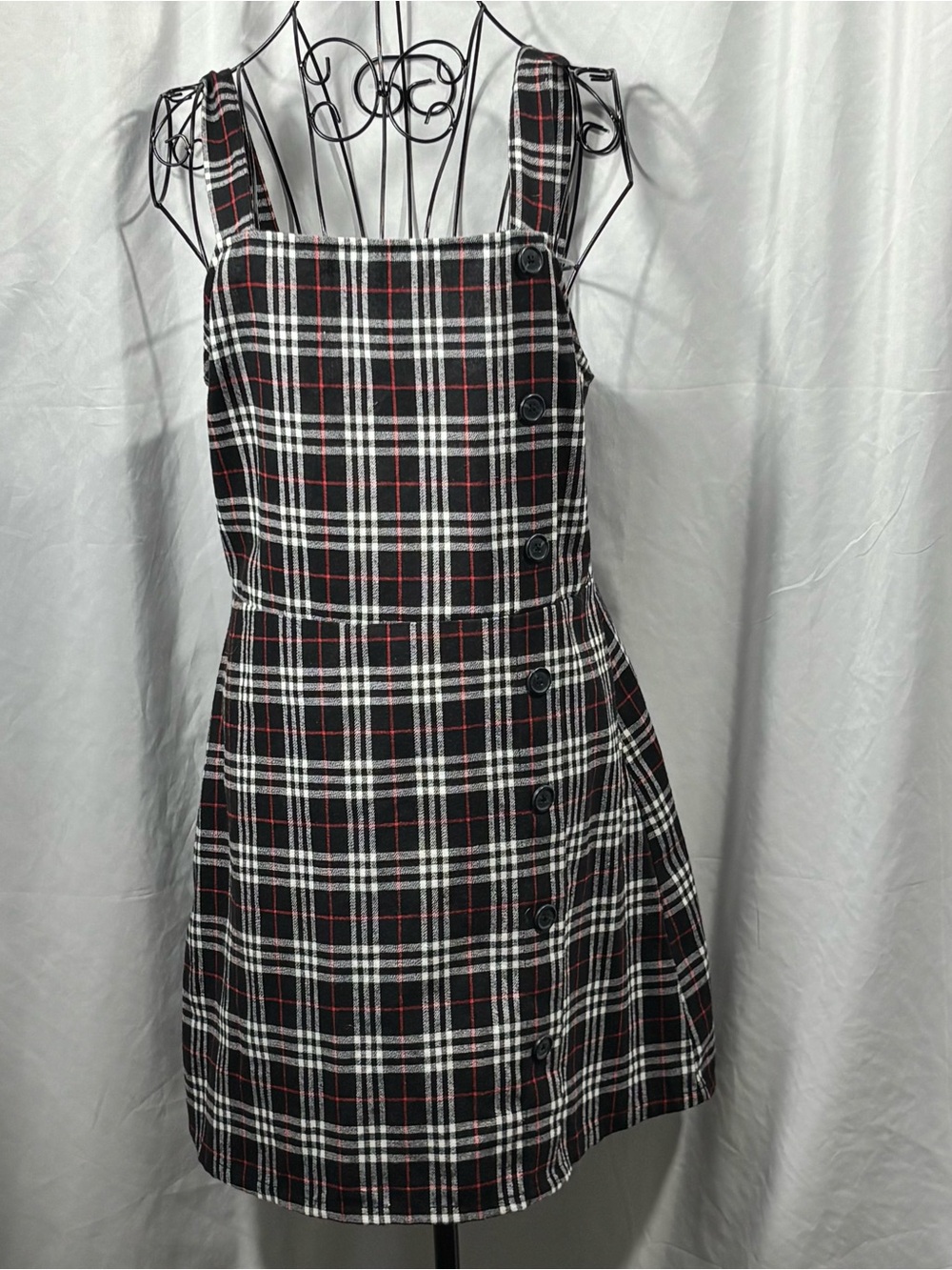 Plaid Pinafore Mini Dress in Black, White & Red